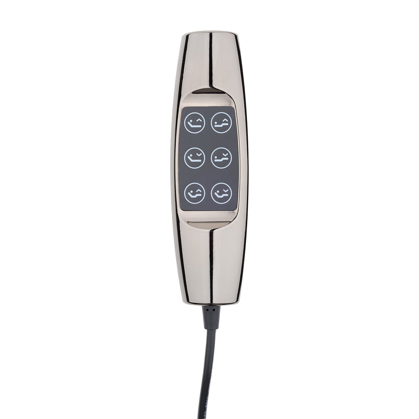 A sleek, metallic silver handheld control pad with six circular buttons featuring white smiley face icons, connected to a black cable, shown against a plain white background.
