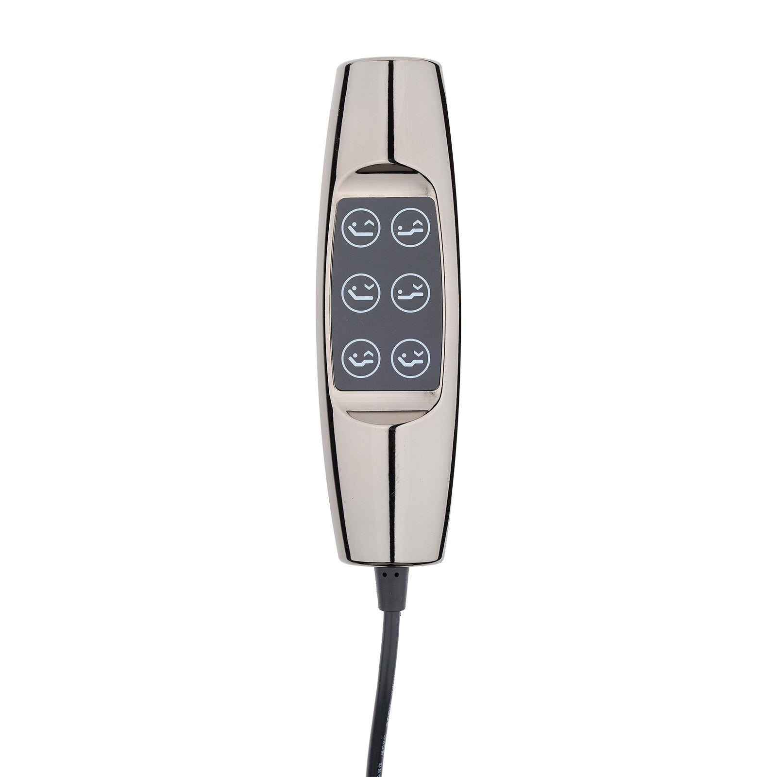 A sleek, metallic silver handheld control pad with six circular buttons featuring white smiley face icons, connected to a black cable, shown against a plain white background.