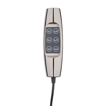 A sleek, metallic silver handheld control pad with six circular buttons featuring white smiley face icons, connected to a black cable, shown against a plain white background.