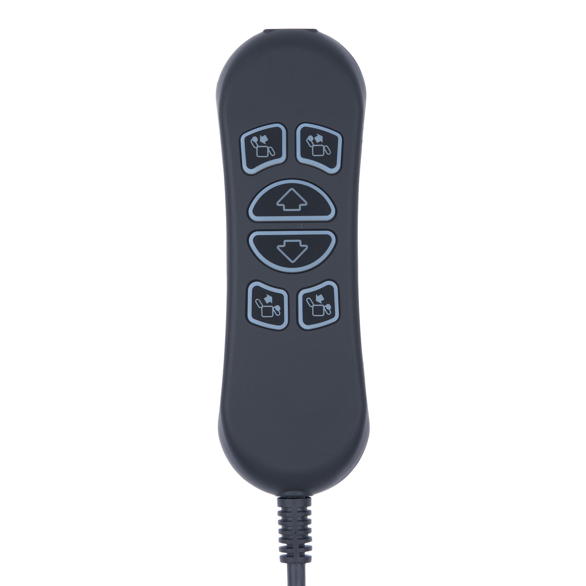 Black remote control with buttons on a white background
