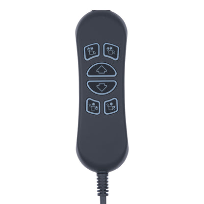 Black remote control with buttons on a white background