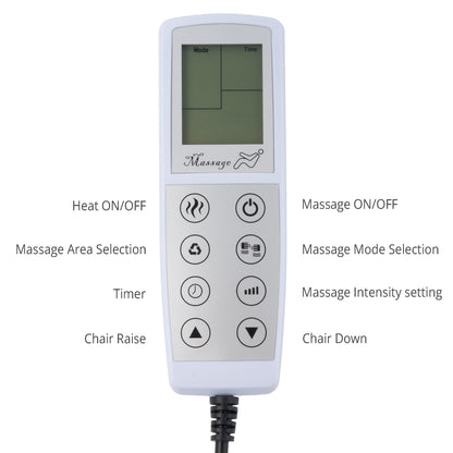 A white remote control unit with a small display screen and multiple buttons, shown on a plain white background with labeled callouts for functions such as heat on/off, massage on/off, massage area selection, timer, chair raise, and chair down.