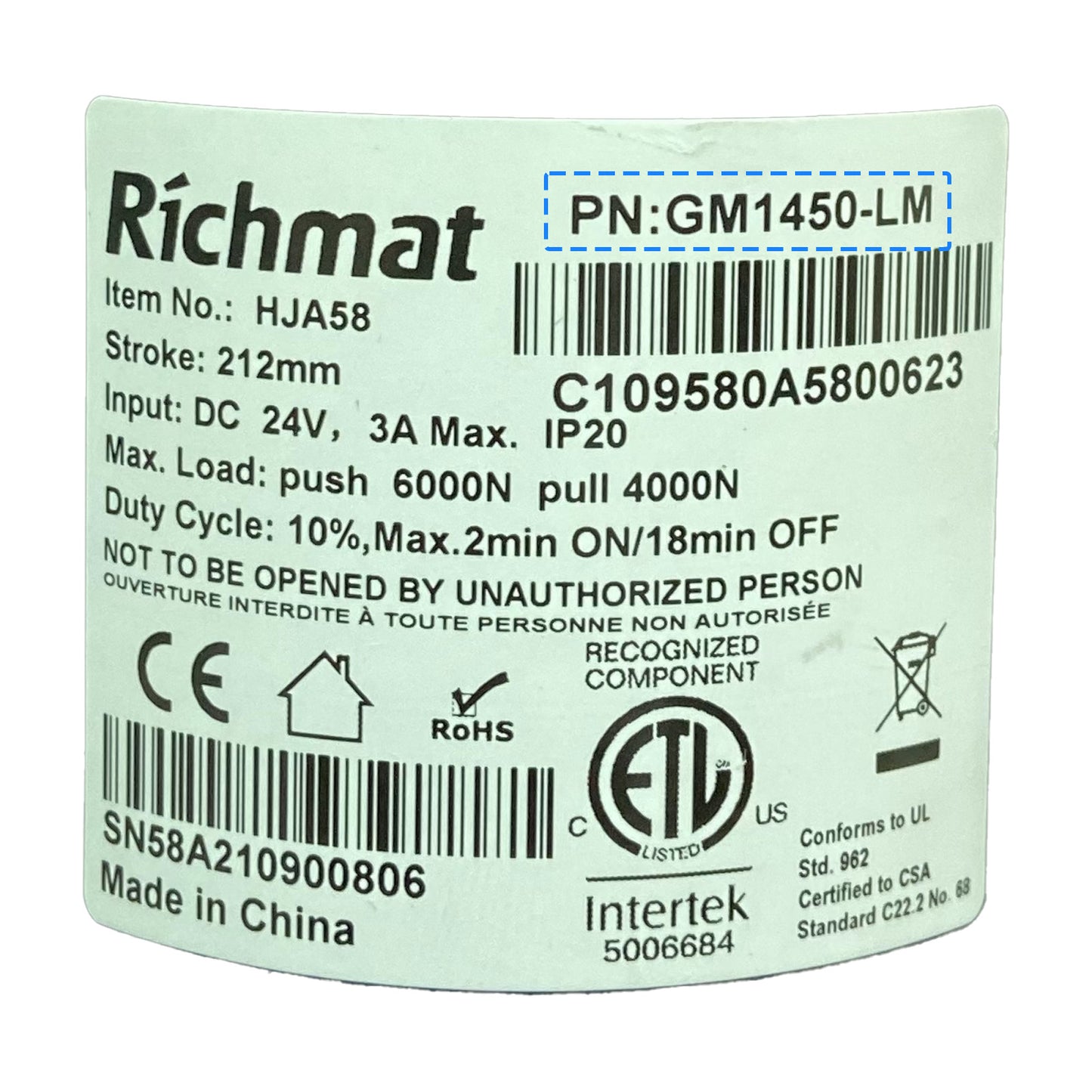 Richmat HJA58 GM1450-LM Linear Actuator - Stroke 212mm