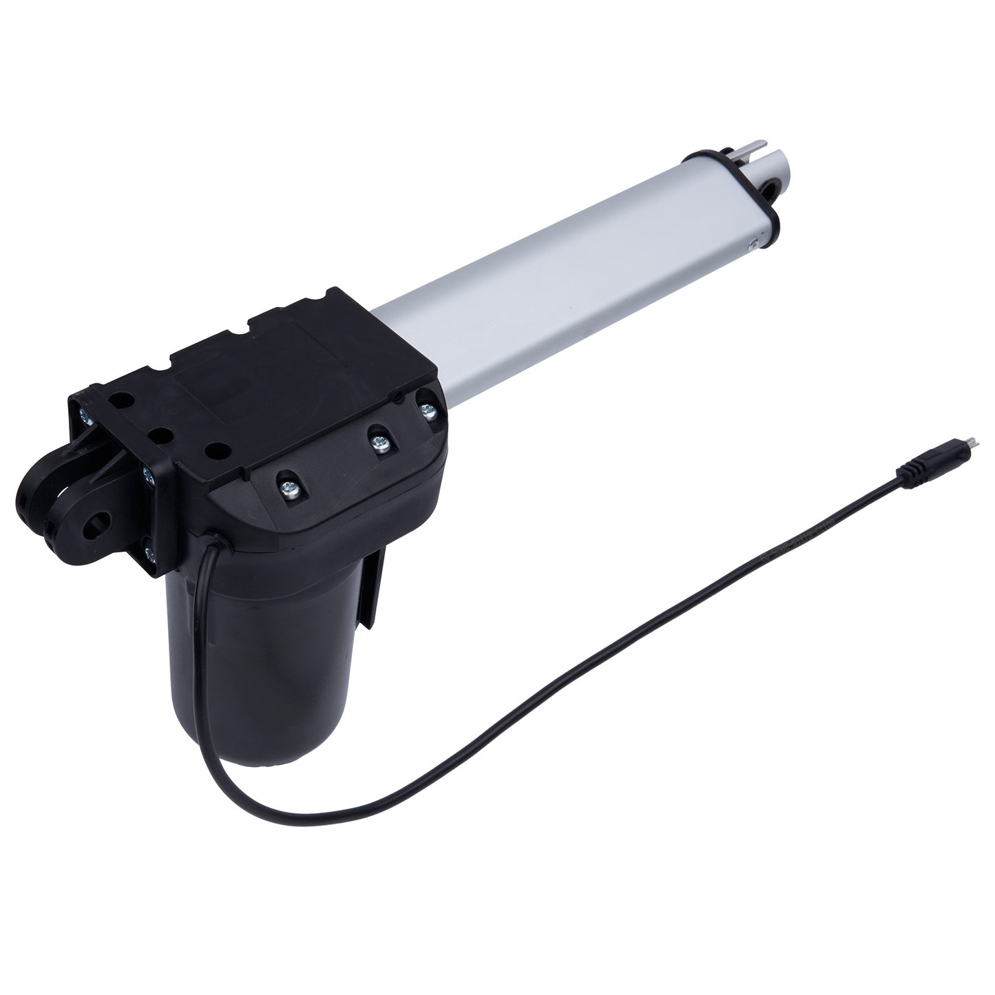 Electric linear actuator with black housing and white rod on a white background