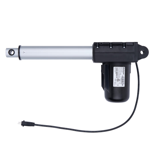 Linear actuator with black housing and white rod on a white background