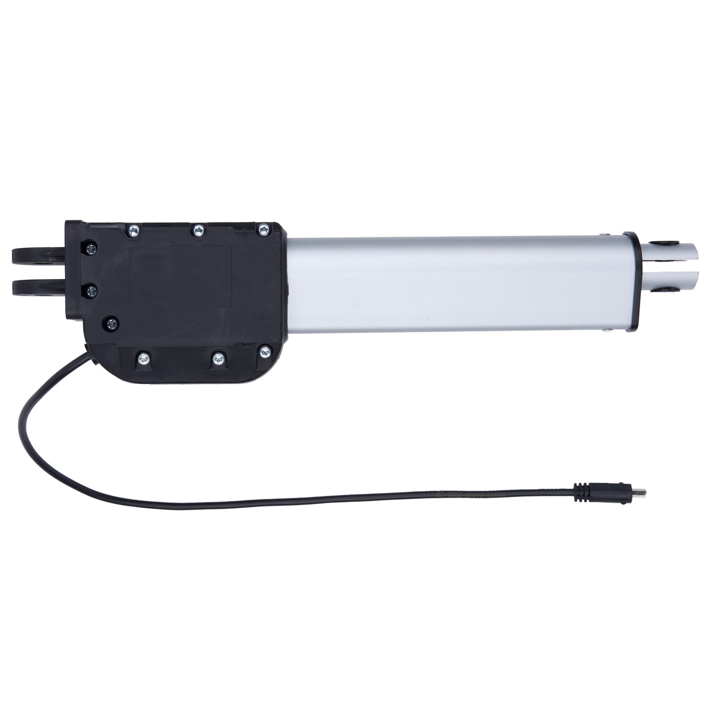 Linear actuator with black housing and white cylindrical component on a white background