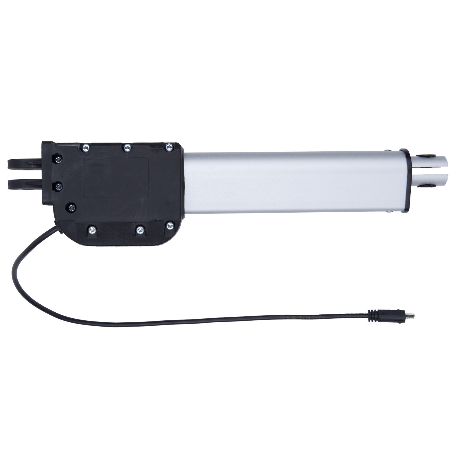 Linear actuator with black housing and white cylindrical component on a white background