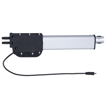 Linear actuator with black housing and white cylindrical component on a white background
