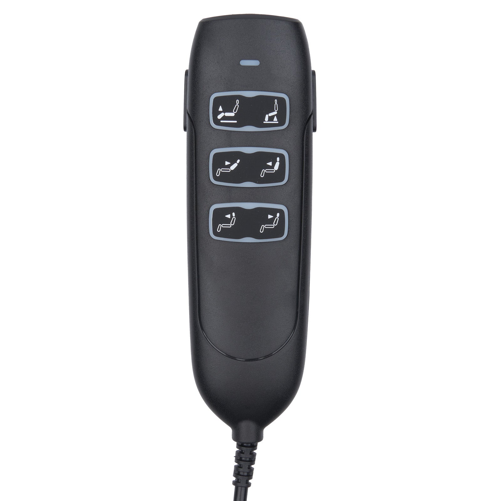 Black remote control with button icons on a white background