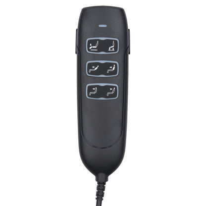 Black remote control with button icons on a white background