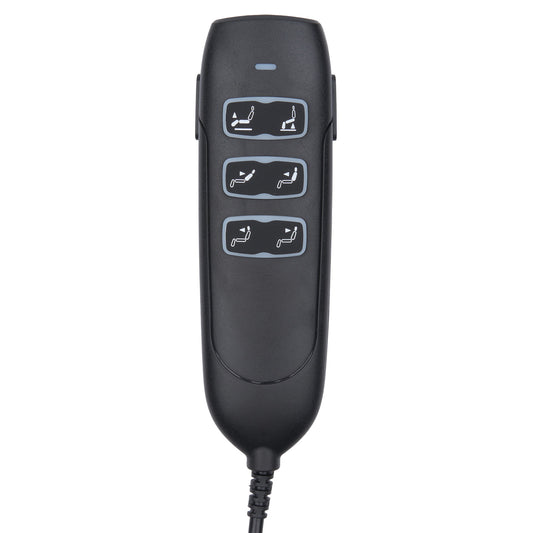 Black remote control with button icons on a white background