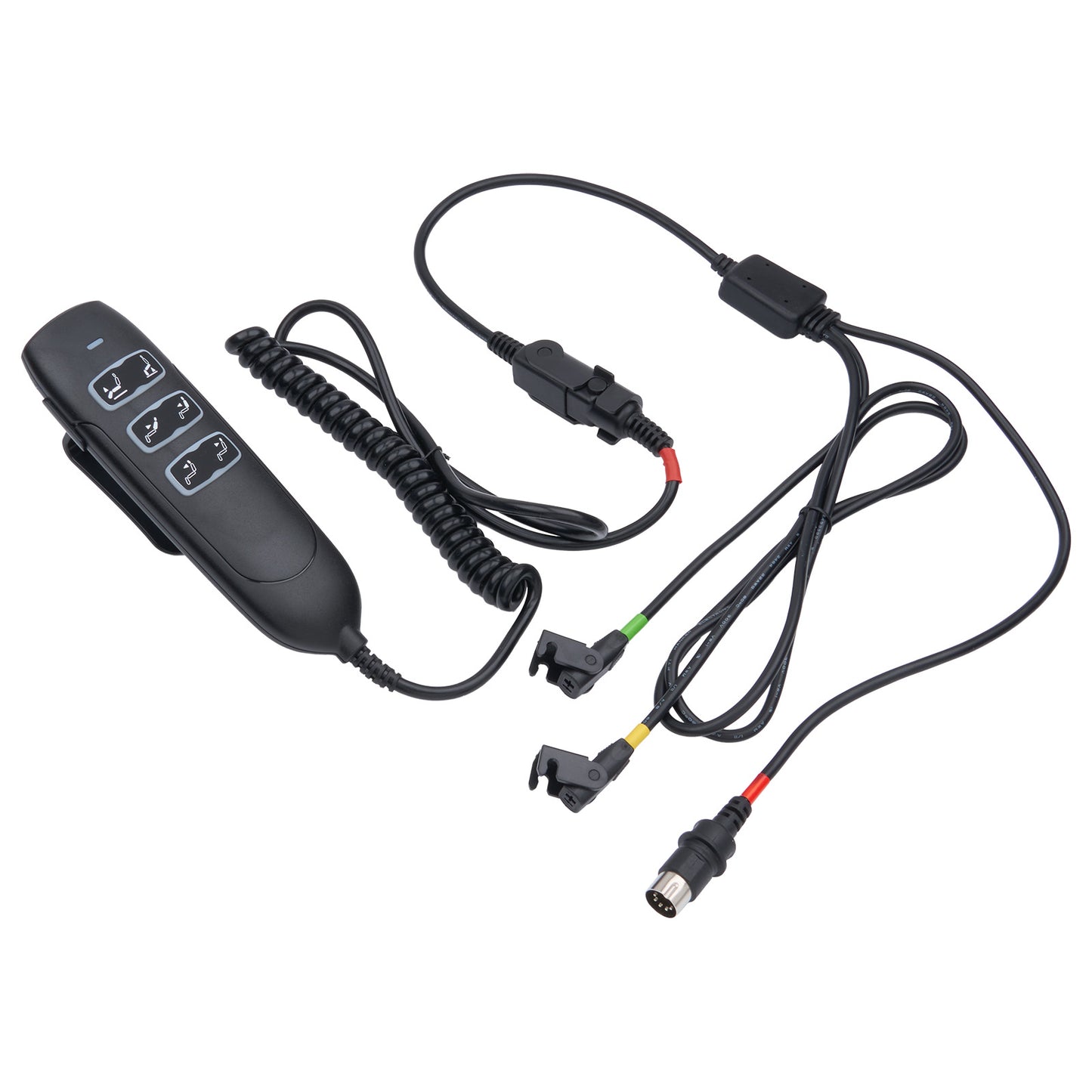 Black electronic device with coiled cable on a white background