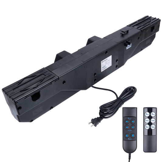 Black electronic device with remote controls and power cord on a white background