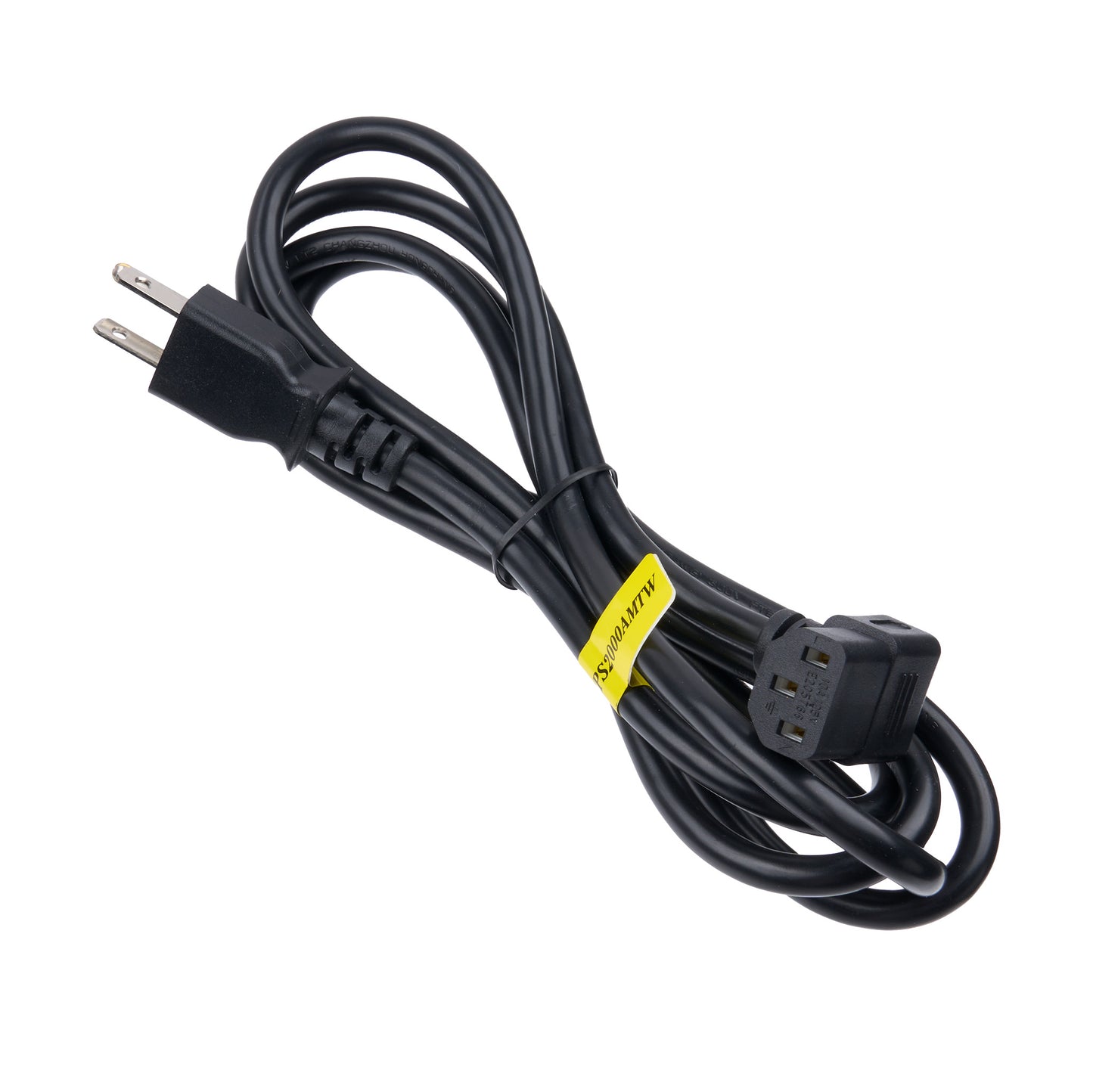 Black power cord with a plug on a white background