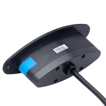 Black electronic device with a blue label on a white background