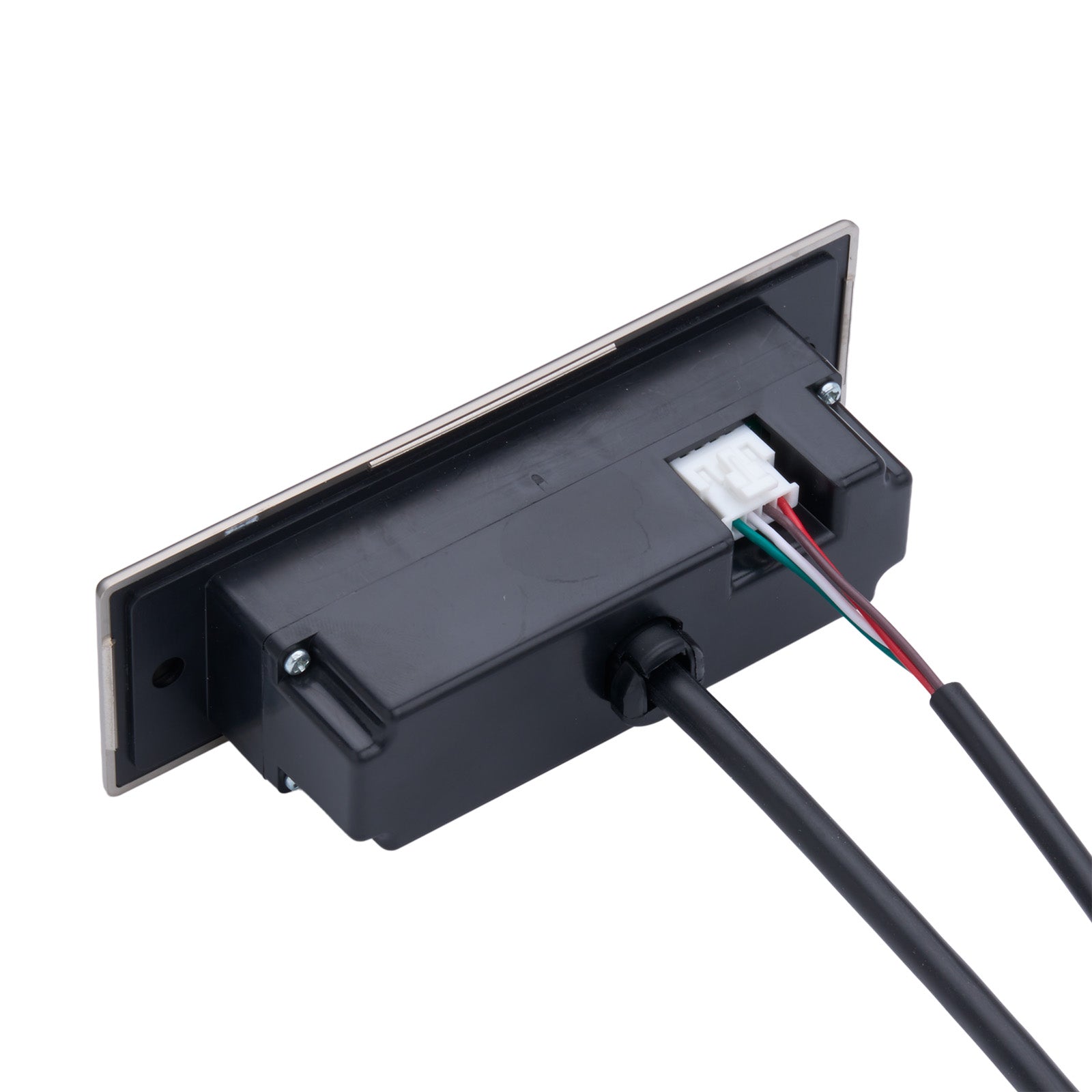 Black electrical junction box with wires on a white background