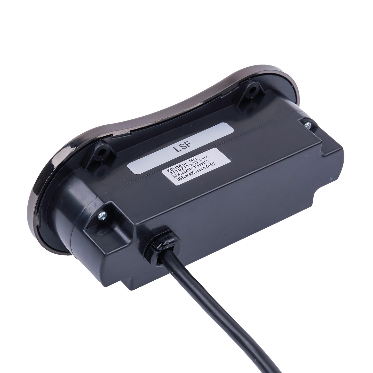 Black electronic sensor module with a curved top cover, a power cable, and a white label sticker reading 'LSF' on a white background.