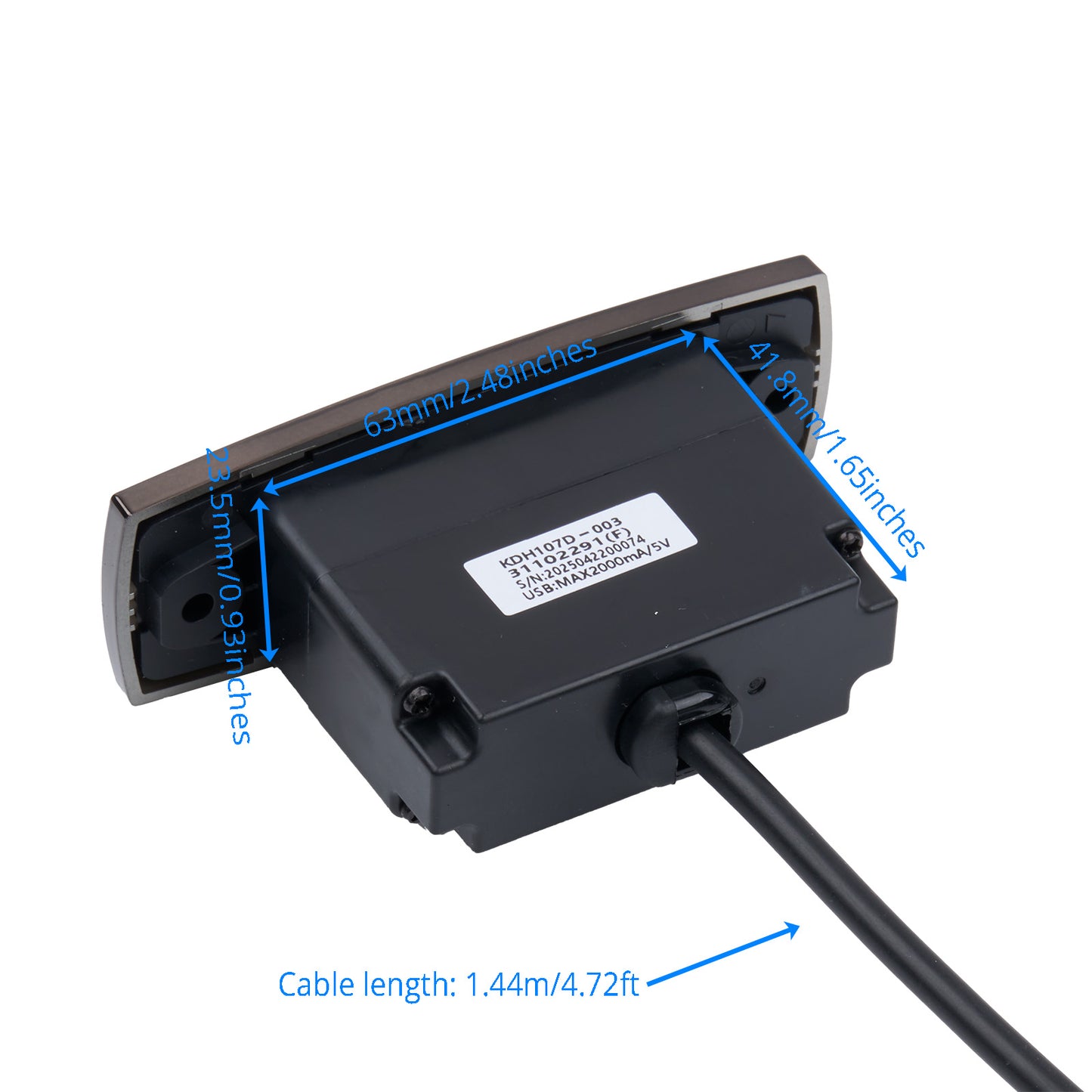 Black electronic component with labeled dimensions and cable length on a white background