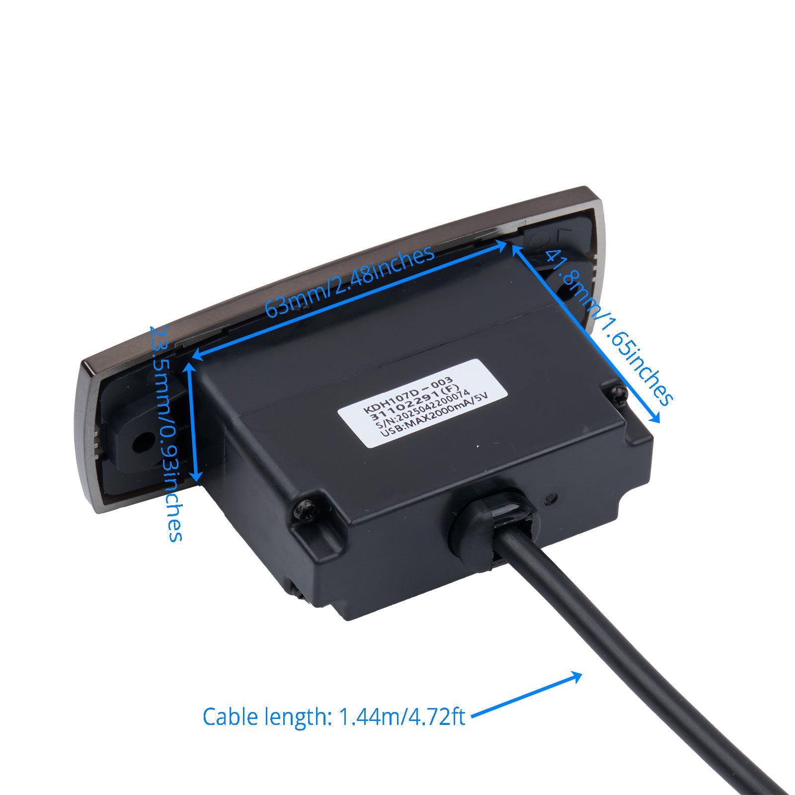 Black electronic component with labeled dimensions and cable length on a white background