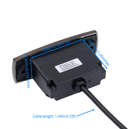Black electronic component with labeled dimensions and cable length on a white background