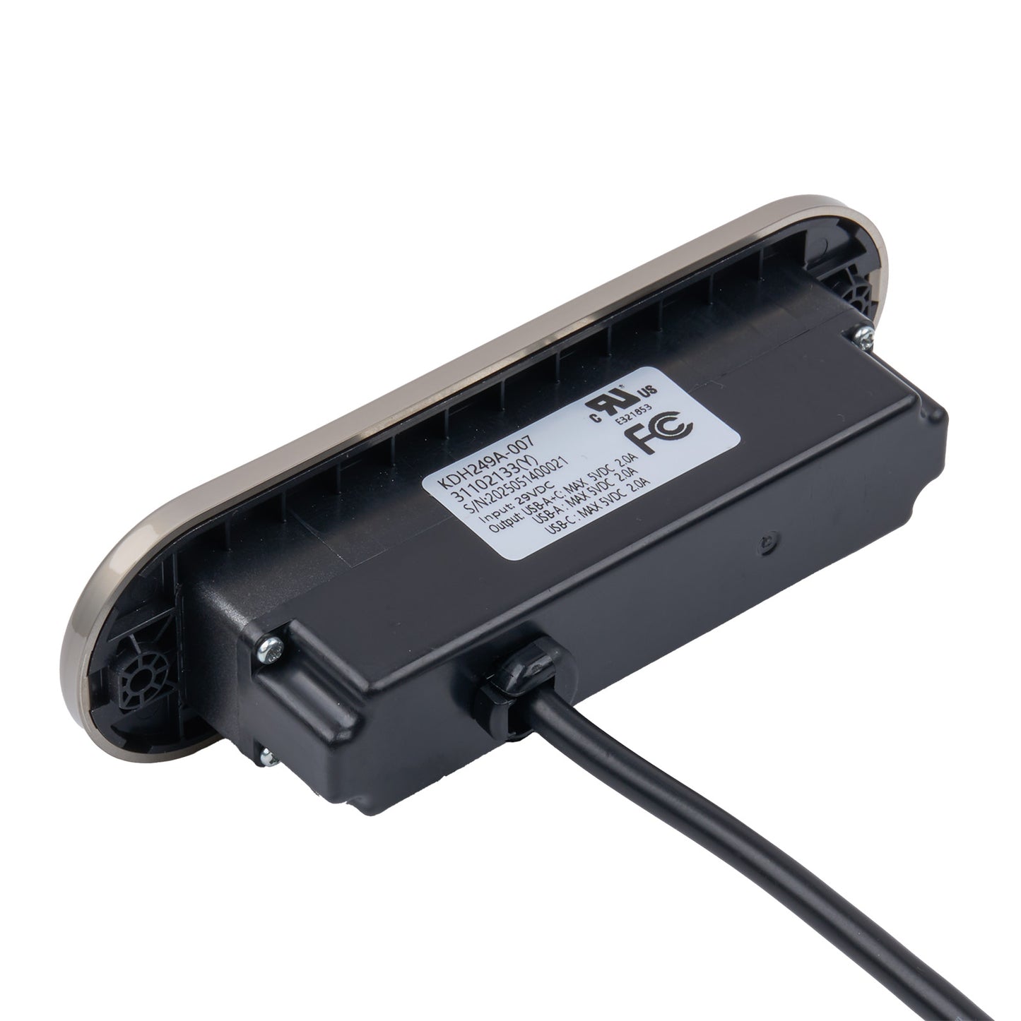 Black electronic device with a label on a white background