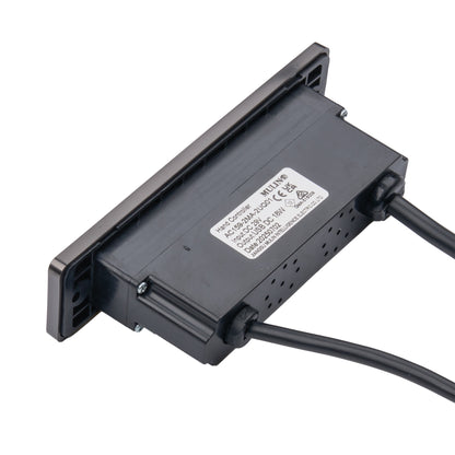 A black industrial electronic module with a white product label, shown at an angle with two attached black cables on a plain white background.