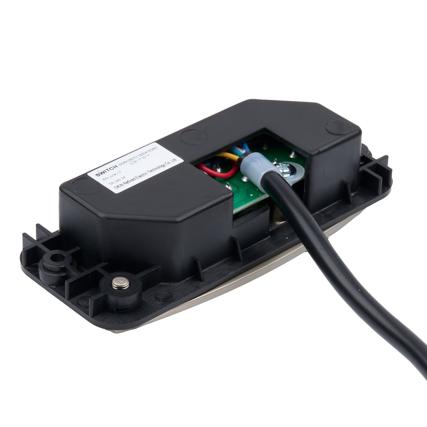 Electronic device with wiring and a label on a white background