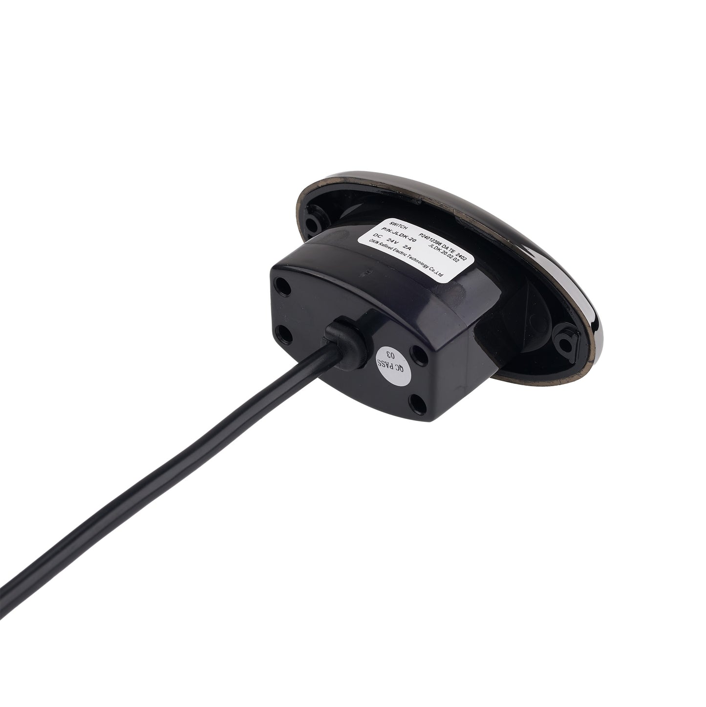 A black electronic sensor or switch with a curved top cover, a black power cable, and a white product label, shown on a plain white background.