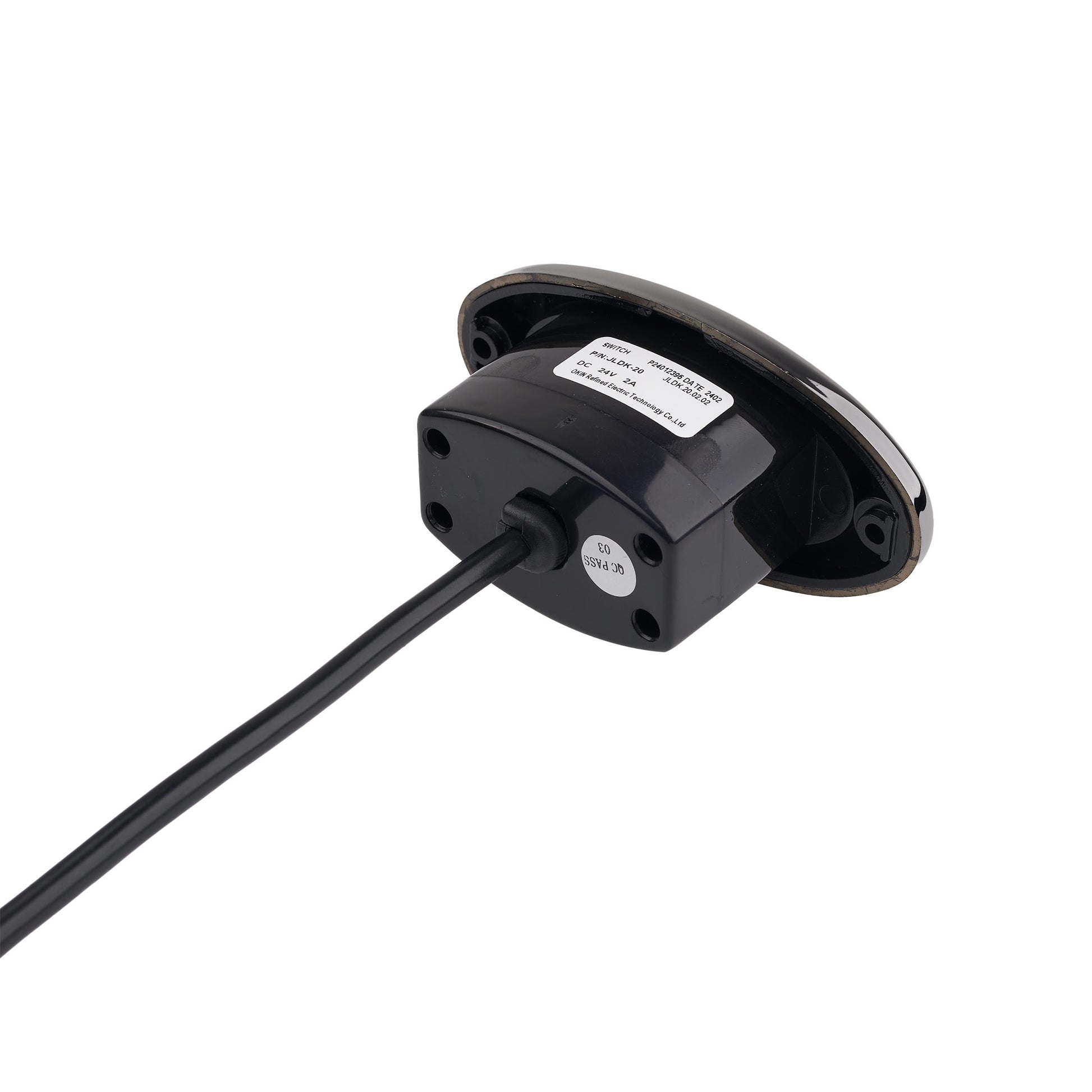 A black electronic sensor or switch with a curved top cover, a black power cable, and a white product label, shown on a plain white background.