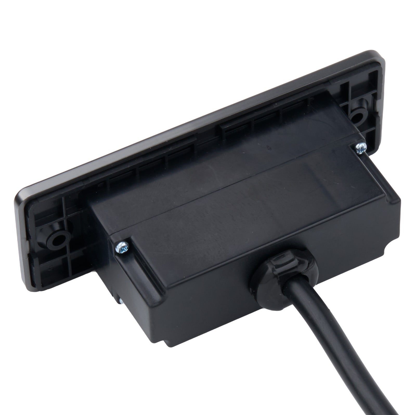 Black electronic component with a cable on a white background