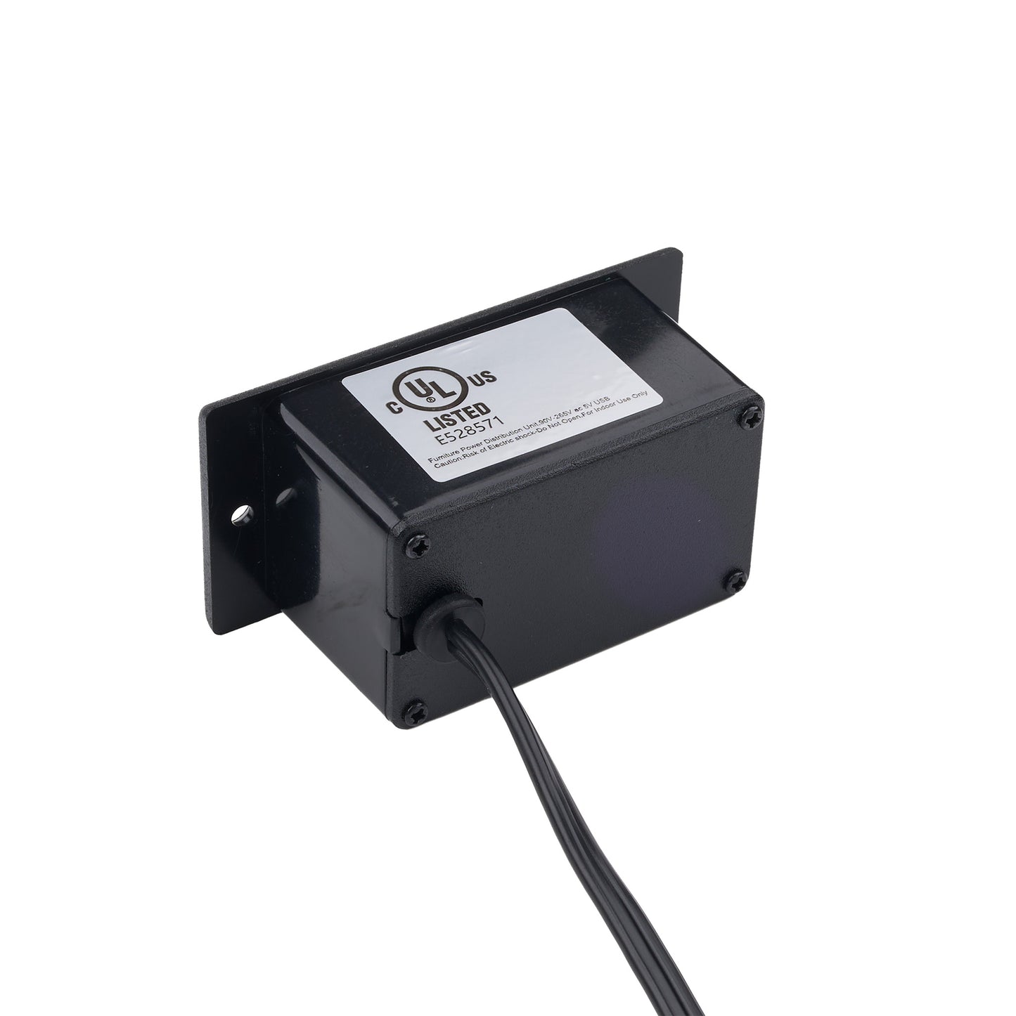 A black UL-listed electrical junction box with a mounting bracket on one side and a black cable exiting the front, shown on a plain white background.