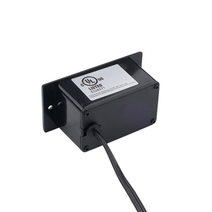 A black UL-listed electrical junction box with a mounting bracket on one side and a black cable exiting the front, shown on a plain white background.