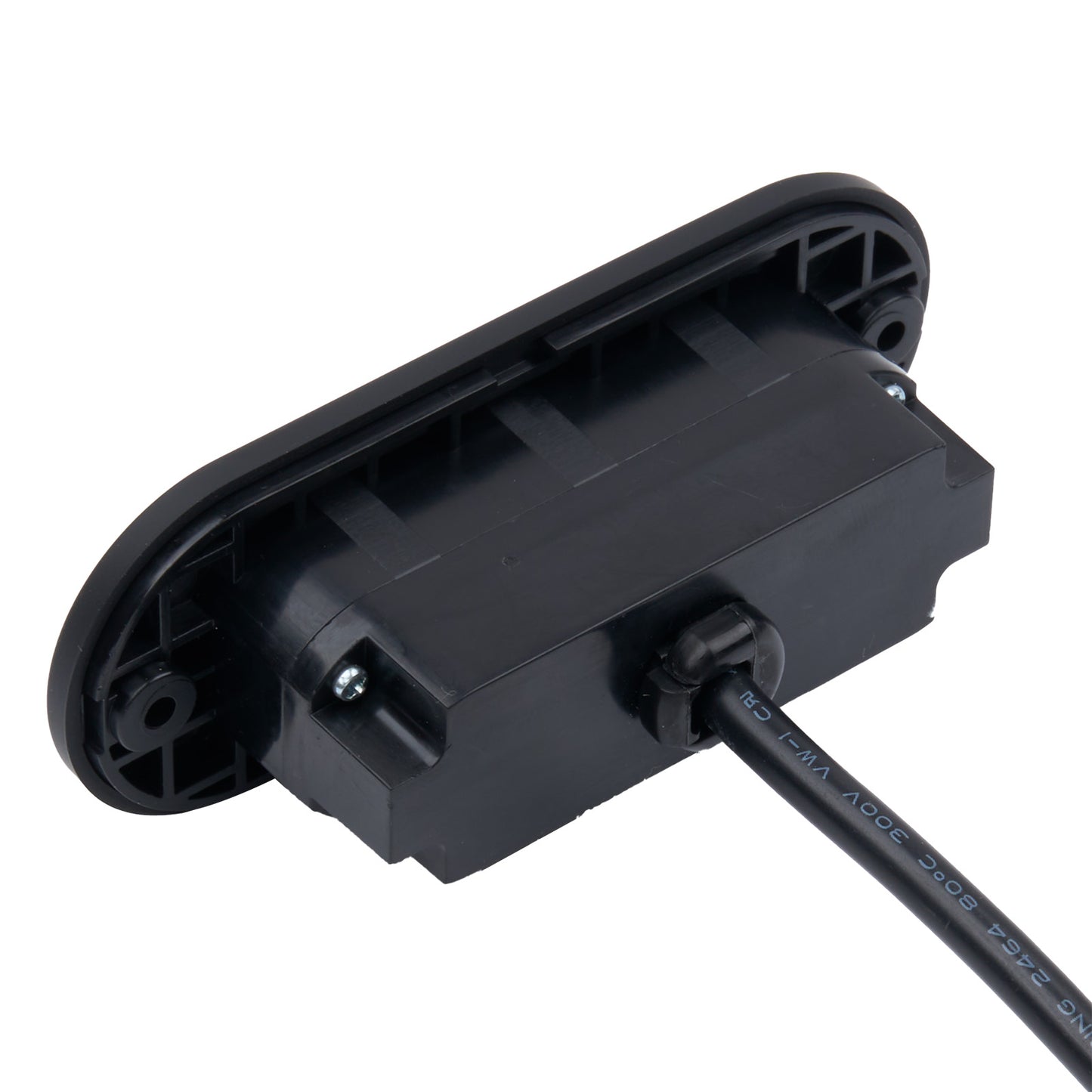 Black plastic component with a cable on a white background