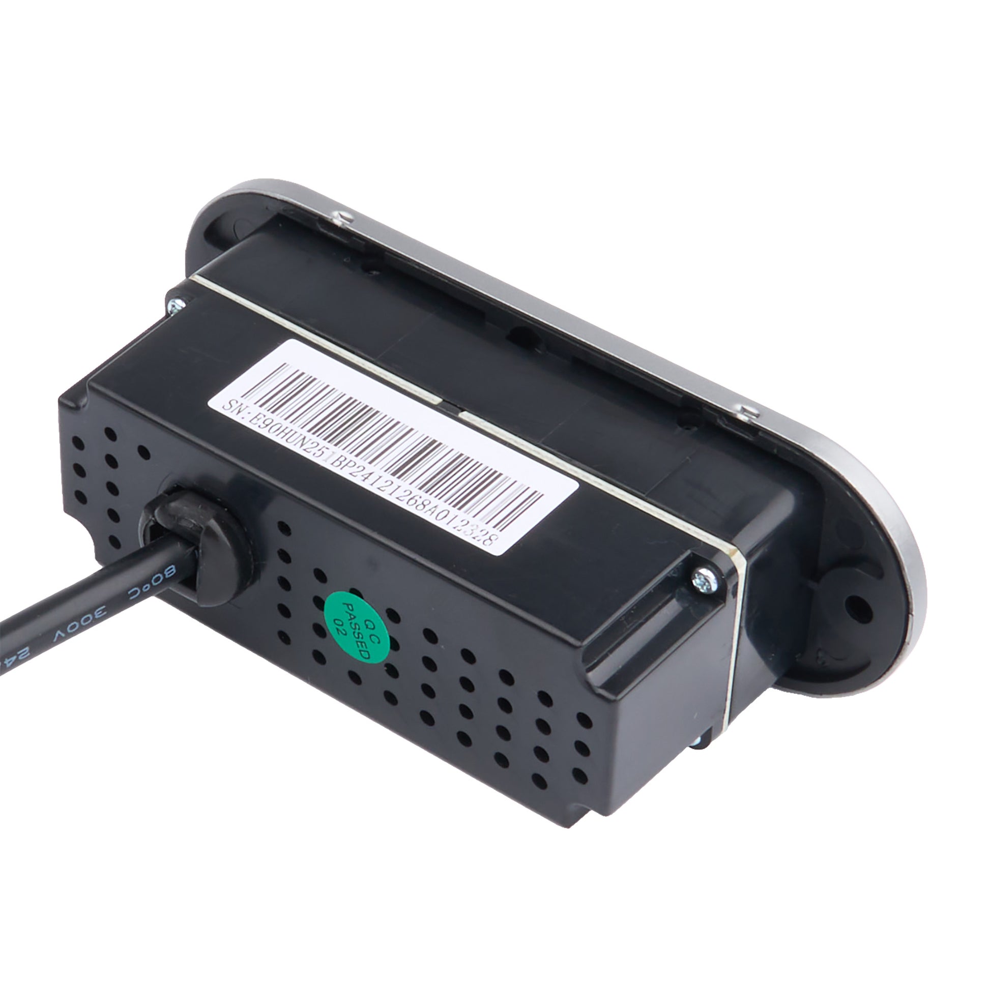 A black electronic sensor or control module with a silver metal mounting bracket, a barcode label, a green circular sticker, and a black cable connected, shown on a white background.
