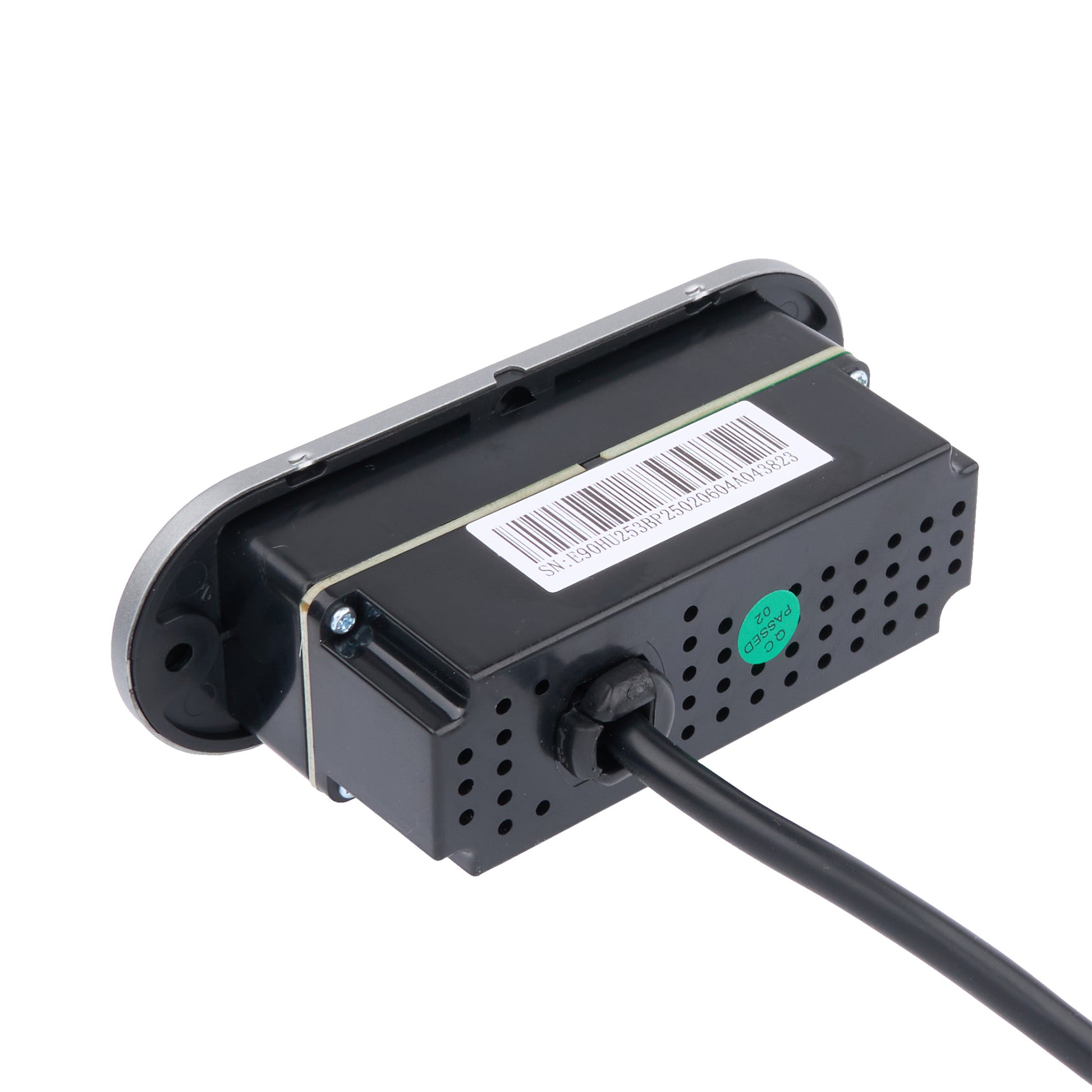 A black electronic control module with a mounting bracket, a barcode label, a green circular sticker, and a black power cable, shown on a plain white background.