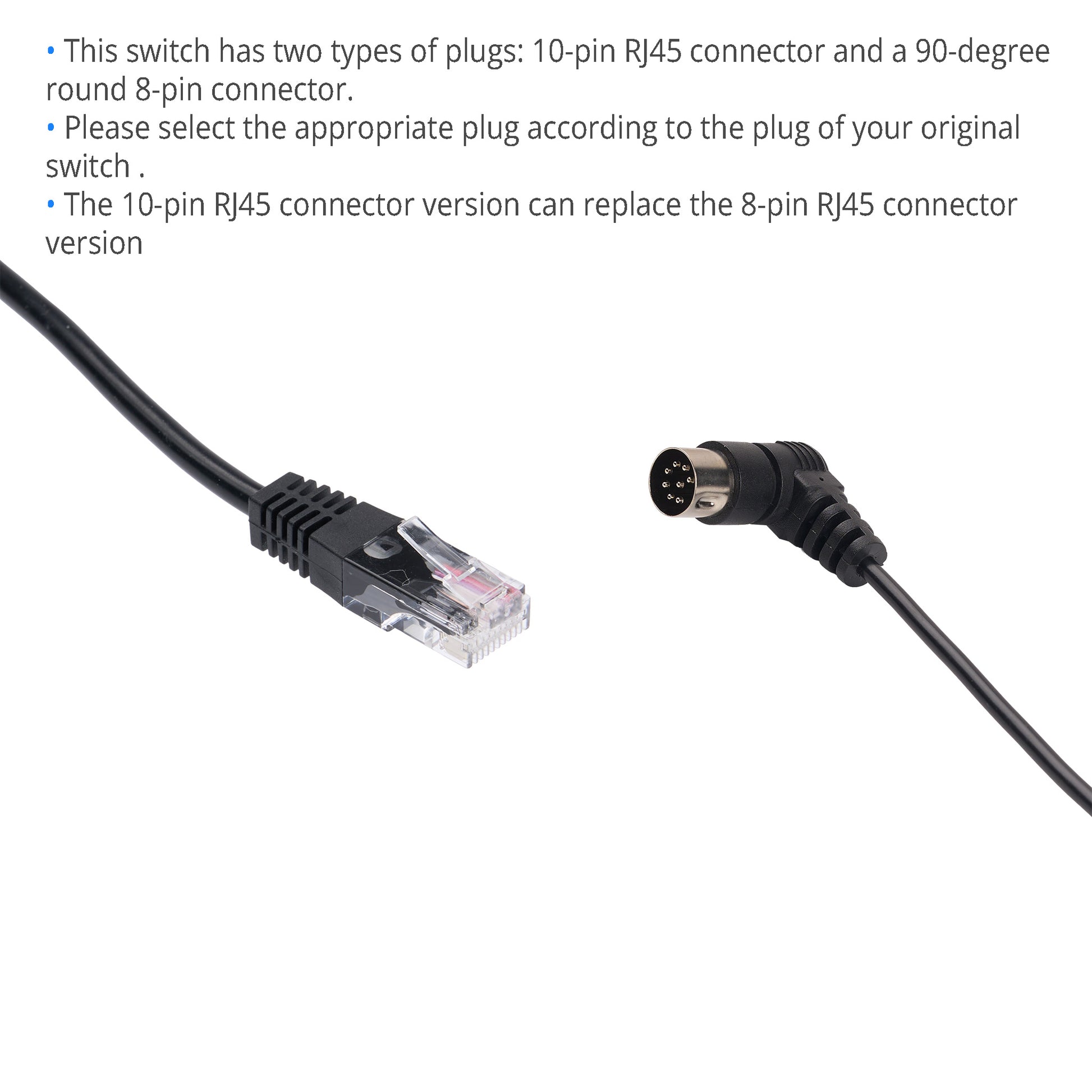 Cable with 10-pin RJ45 connector and 90-degree round 8-pin connector on a white background