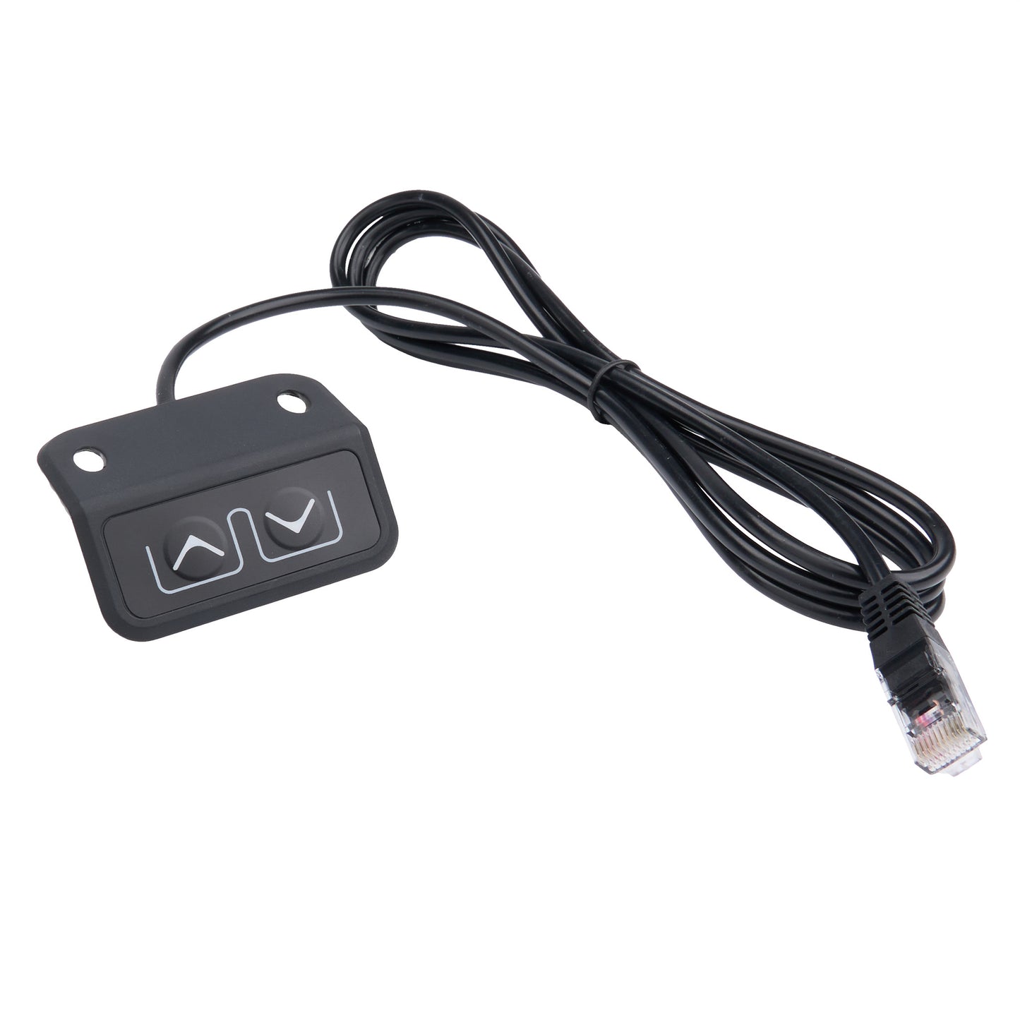 Black electronic device with cable on a white background