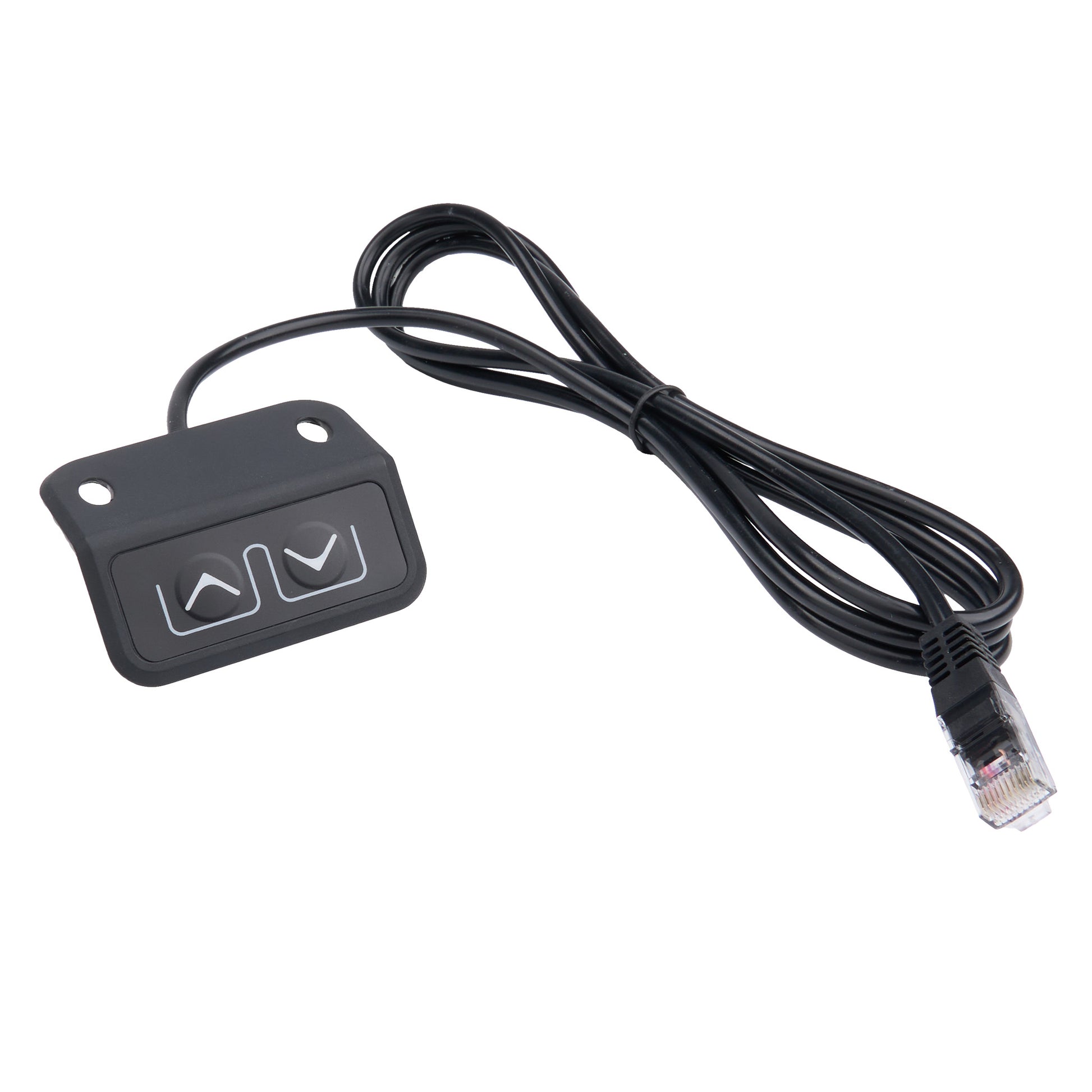 Black electronic device with cable on a white background