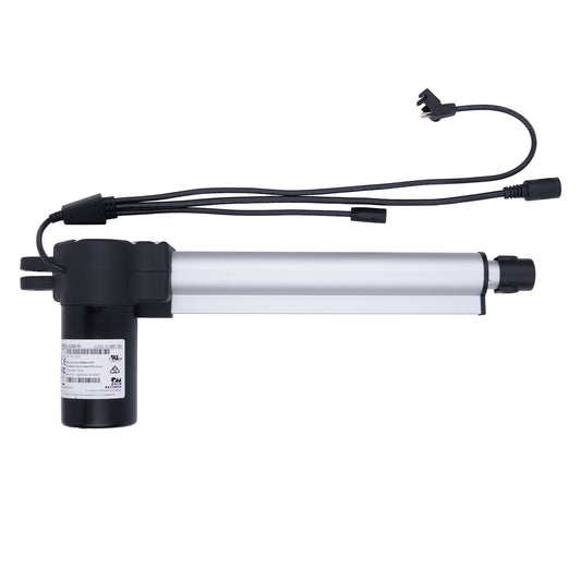 Linear actuator with black housing and wiring on a white background