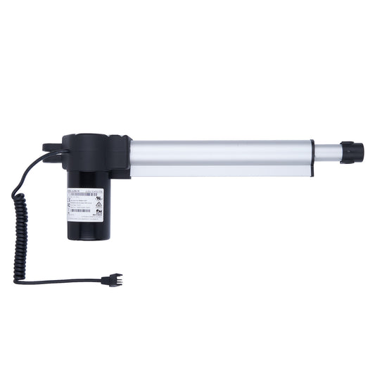 Linear actuator with black handle and cable on a white background