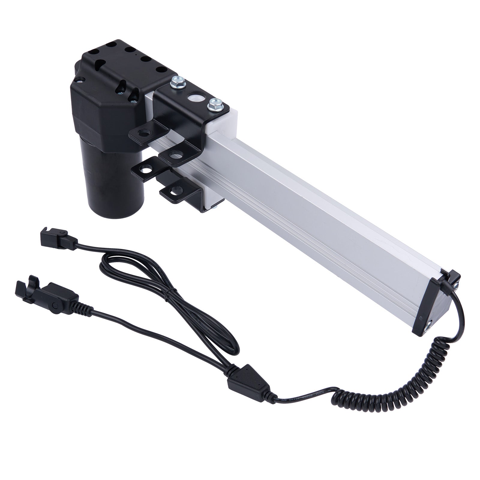 Mechanical arm with linear actuator and power cable on a white background