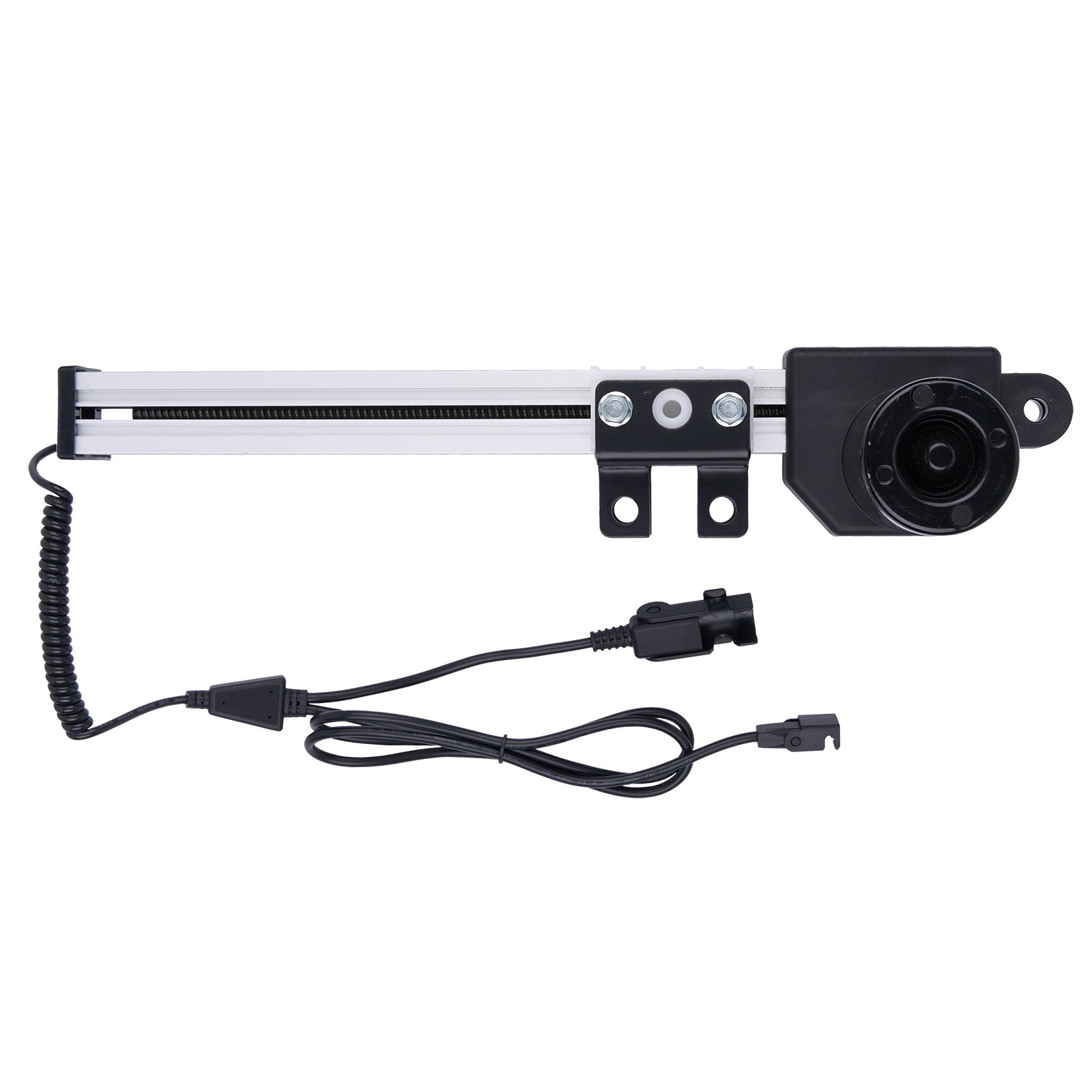 Mechanical arm with a sensor and wiring on a white background