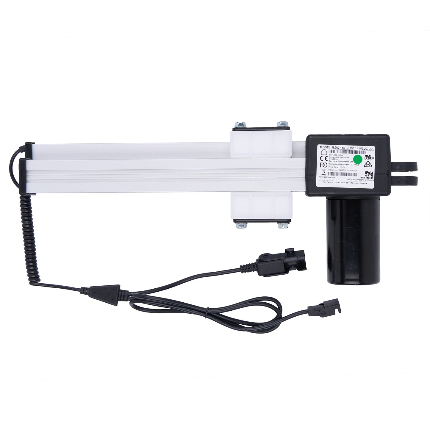 Electrical components including a white cylindrical device and a black control unit on a white background.