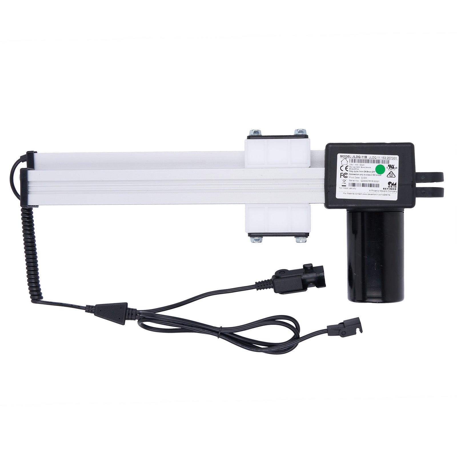 Electrical components including a white cylindrical device and a black control unit on a white background.