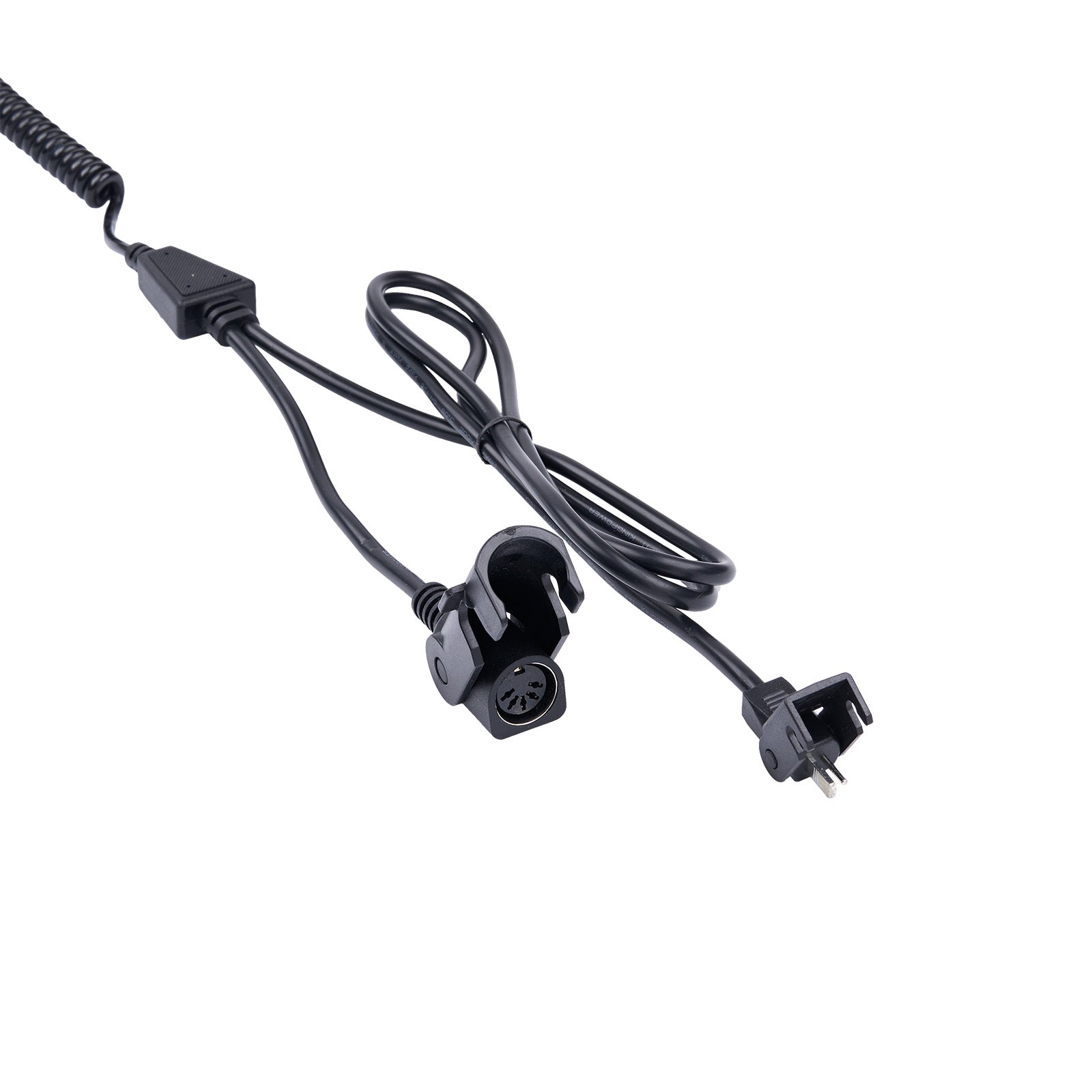 Black power cord with plug on a white background