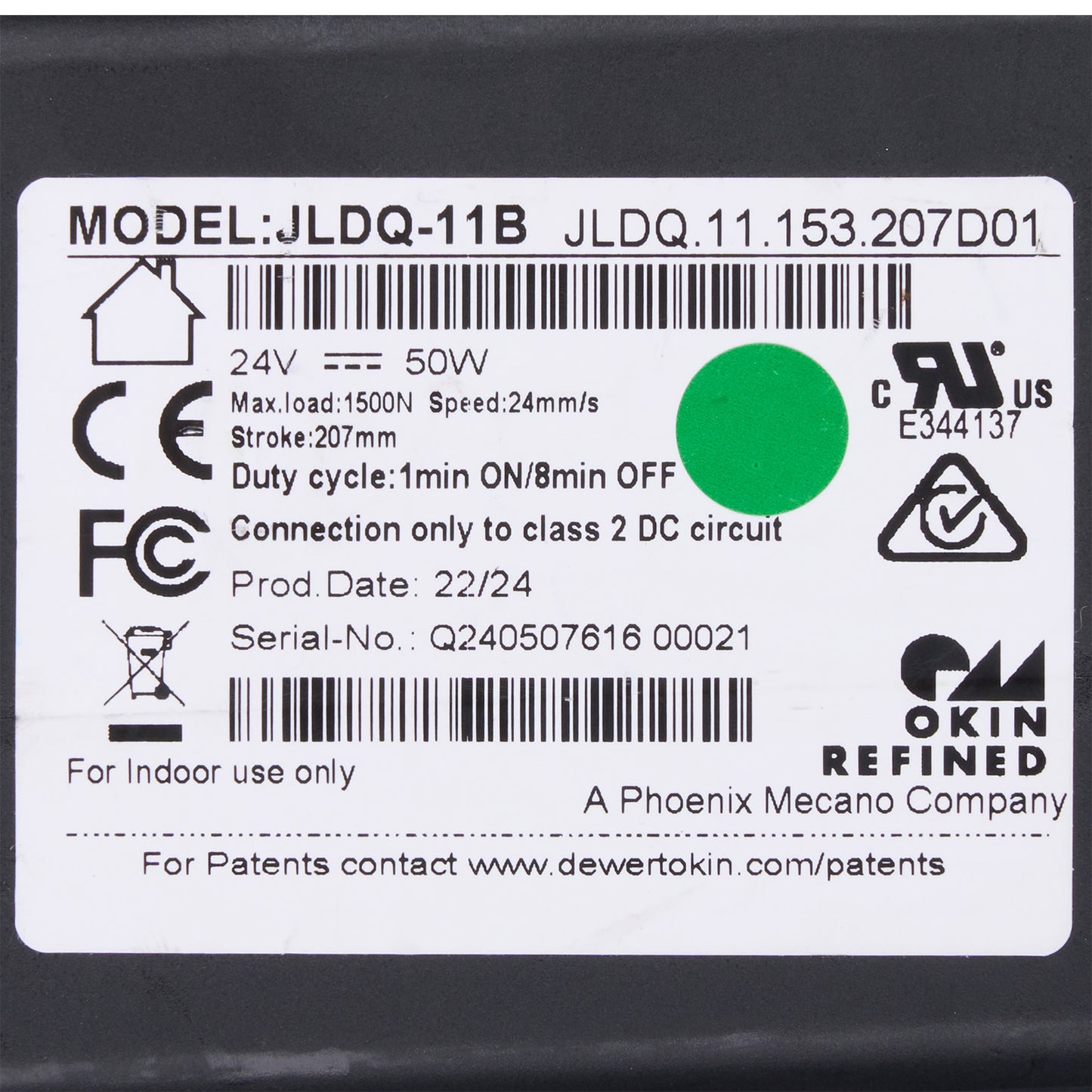 Label with technical specifications and branding for a mechanical component on a black background