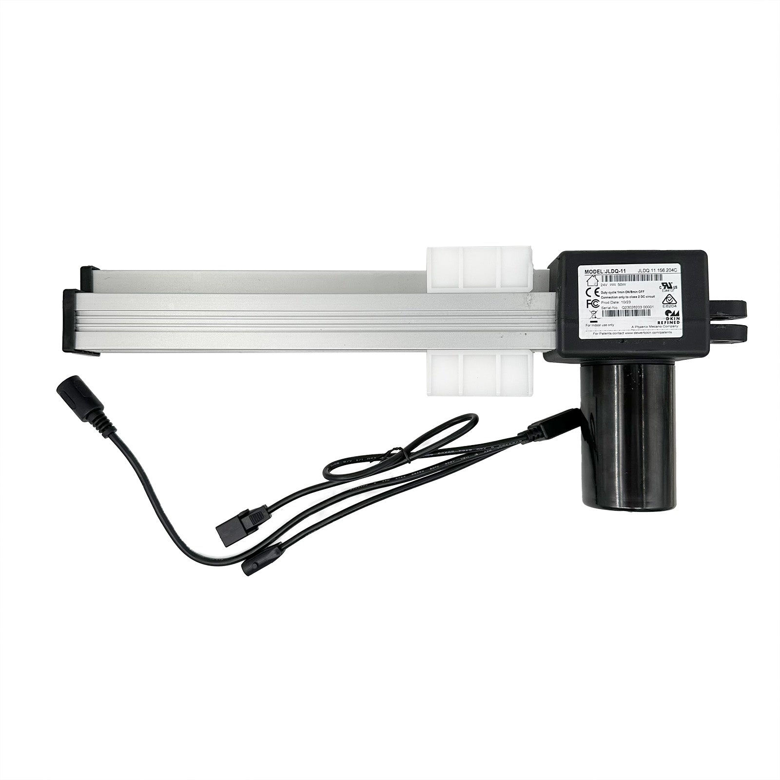 OKIN linear actuator for recliner or lift chair, showing the actuator body with three cables and plugs.