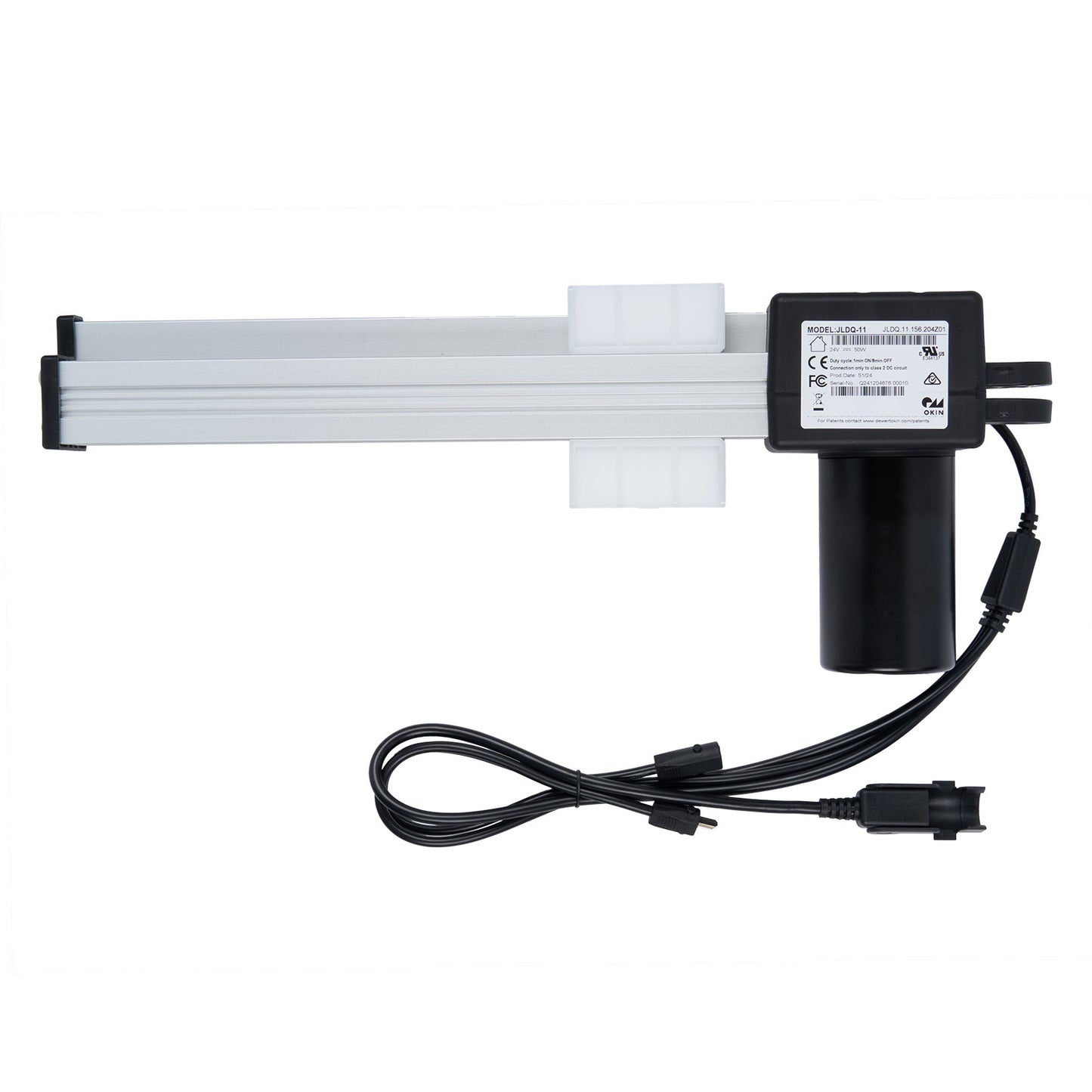 A OKIN linear actuator with three cables and plugs, including a male 2 pin plug, a female 5 pin plug, and a female 2 pin plug.