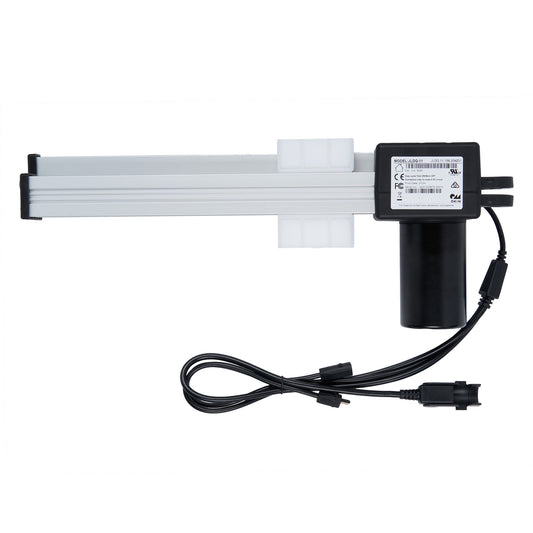 A OKIN linear actuator with three cables and plugs, including a male 2 pin plug, a female 5 pin plug, and a female 2 pin plug.