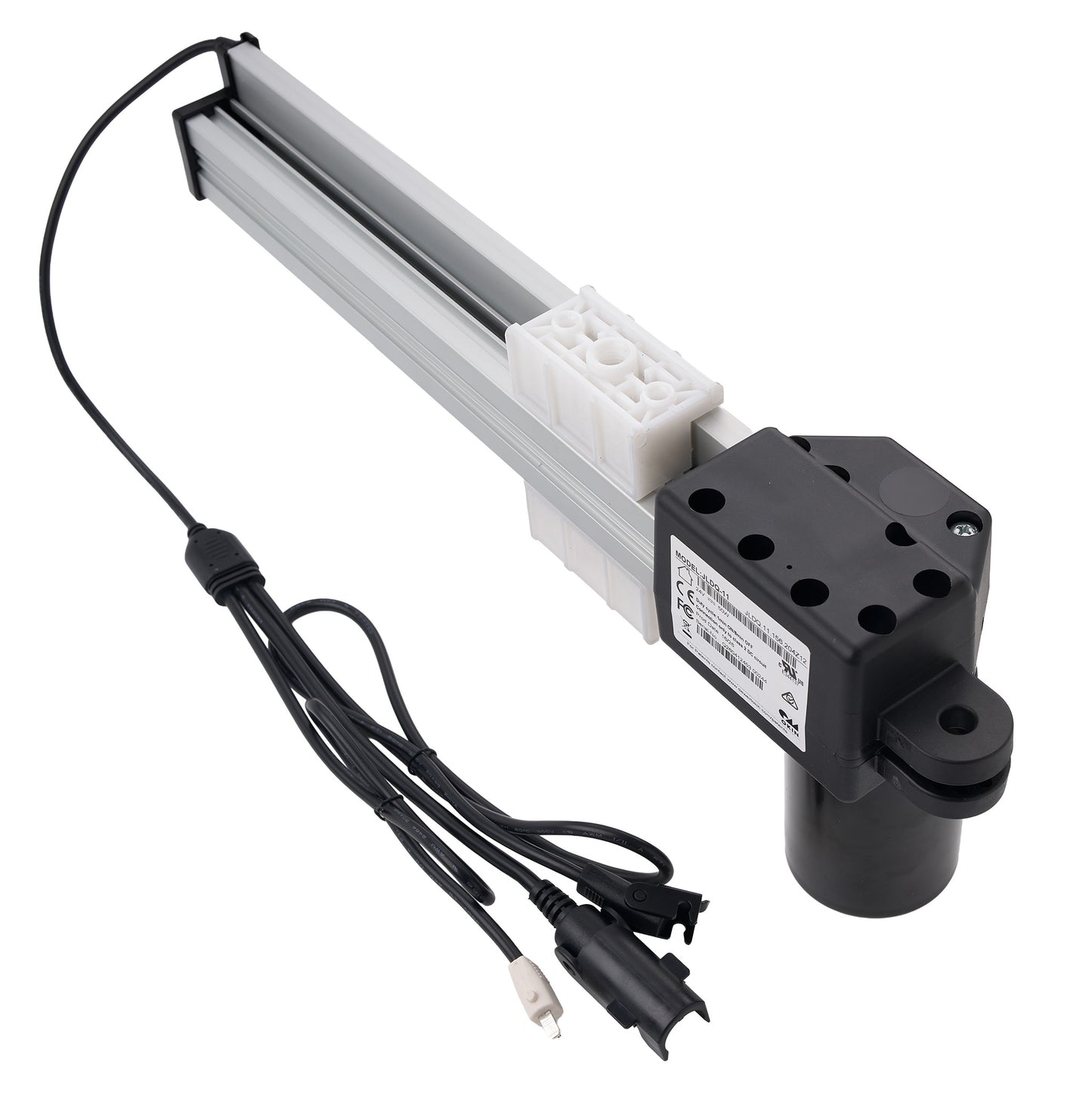 A linear motion slide assembly with a black motor housing, a silver aluminum rail, white plastic end blocks, and attached black control cables on a white background.